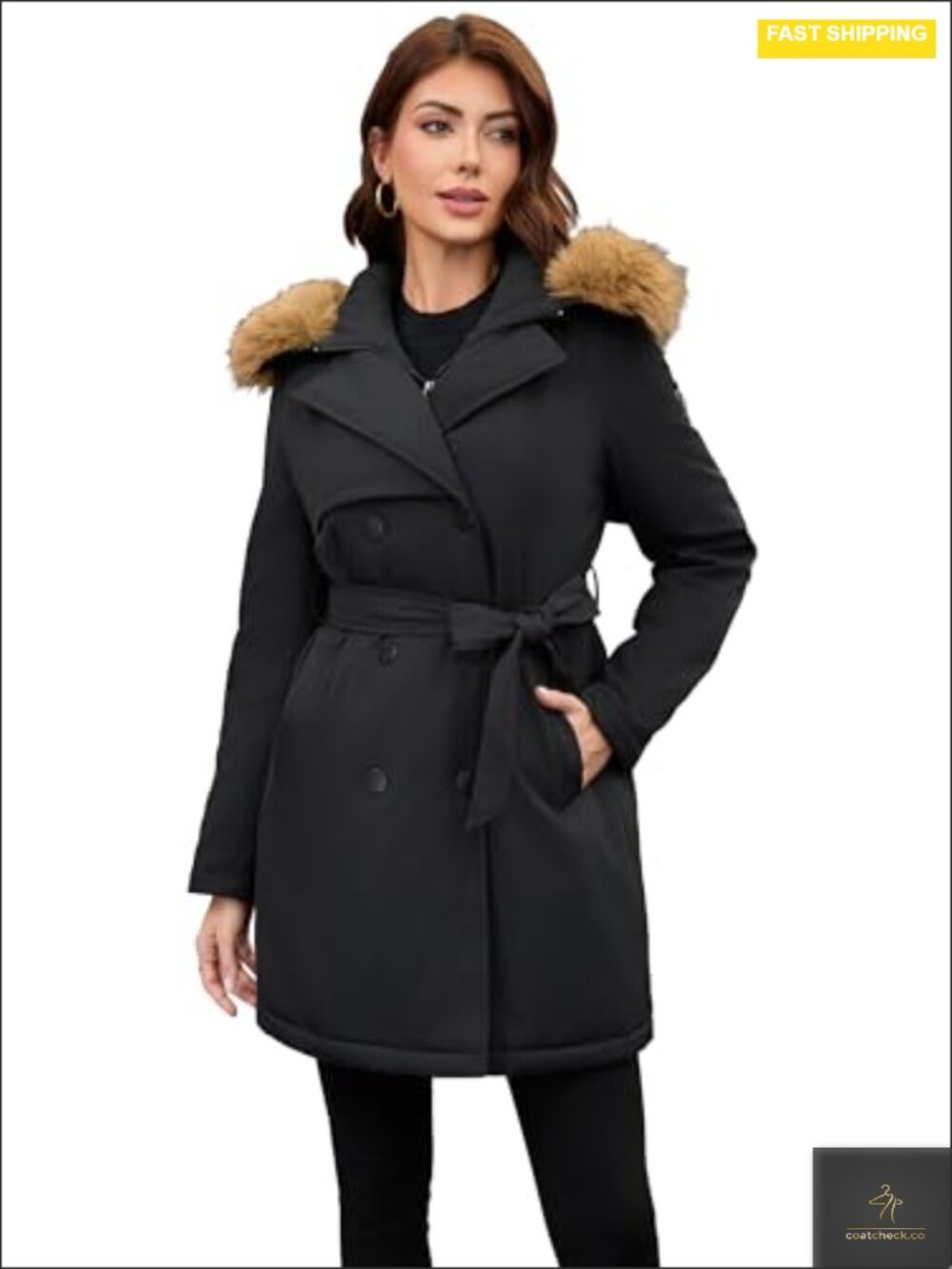 Women's Mid-Length Belted Trench Coat Detachable Faux Fur Collar Double-Breasted